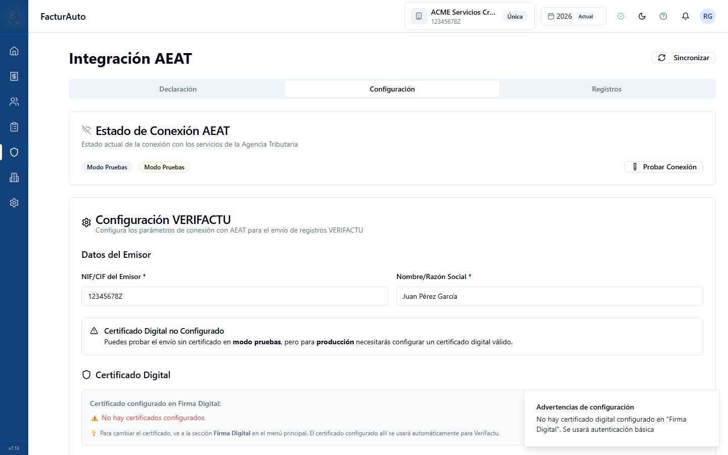 Pantalla de integración con la AEAT en FacturAuto